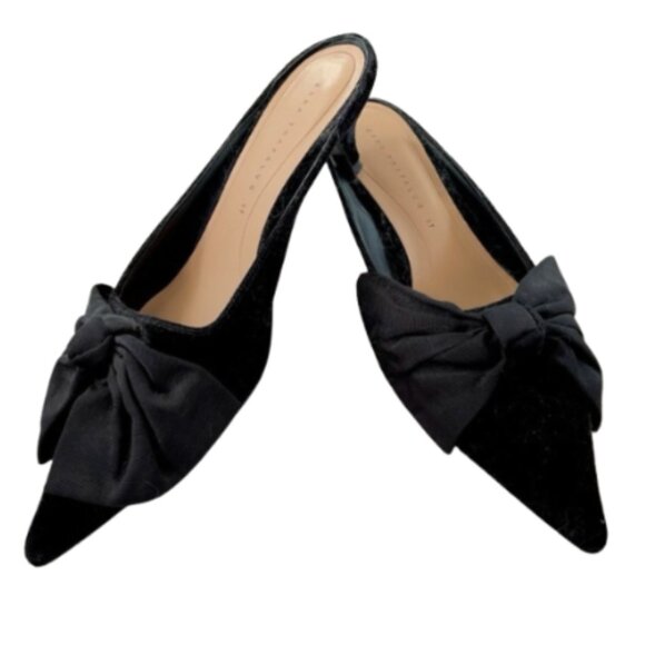 ZARA Bow Velvet Pointed Toe Mules / Black / Size 37 - Picture 2 of 9